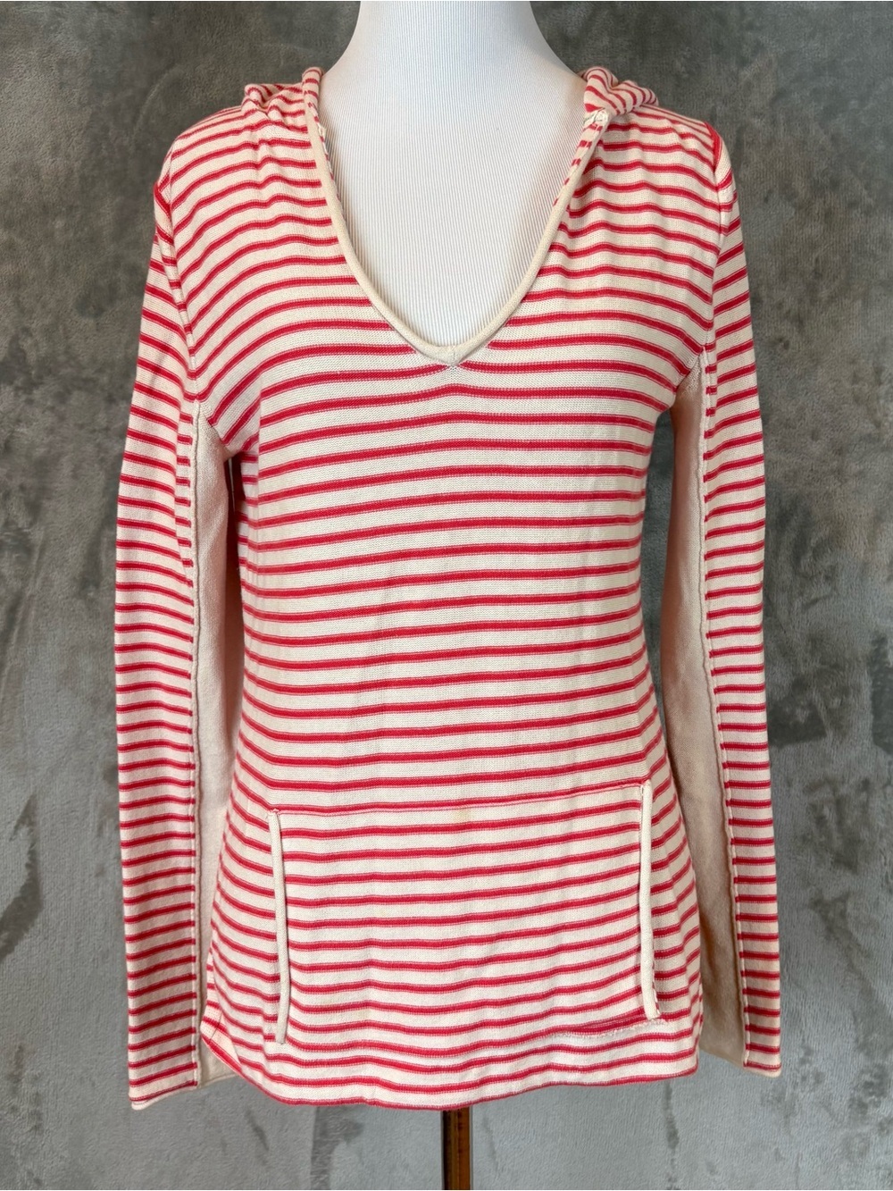 Roxy Striped V-Neck Hoodie Top in Cream and Red Wmn’s M